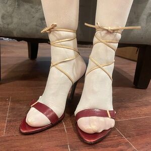 SERGIO ROSSI Burgundy and Tan Lace Up Sandal Heels